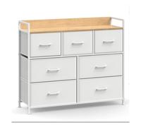 Fabric Chest of Drawers, 7 Storage Drawers with Metal Frame, White + Oak / 7 Drawers(28.5D x 98W x 85H cm)