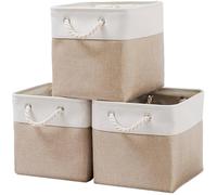 Fabric Cube Storage Boxes, 28cm Collapsible Baskets, for Room Wardrobe Cupboard Shelves Organiser Unit Box, for Storage Gift Towel Clothes, Small Toy Organizer Decorative Basket ( Beige White )