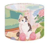 Fabric Drum Lamp Shade Adorable Calico Kitten Playing Pink Vintage Funky Medium Linen Decorative Lampshades 13inch Set of 1 for Table Lamps, Floor Lamps,Ceiling Lamp