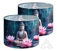 Fabric Drum Lamp Shade Buddha Lotus Yaks Buddha Statue Lotus Vintage Funky Medium Linen Decorative Lampshades 13inch Set of 2 for Table Lamps, Floor Lamps,Ceiling Lamp