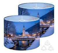 Fabric Drum Lamp Shade Church Ramsau Winter Twilight Bavaria Germany Vintage Funky Medium Linen Decorative Lampshades 13inch Set of 2 for Table Lamps, Floor Lamps,Ceiling Lamp