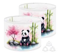 Fabric Drum Lamp Shade Cute Panda Sitting by Tranquil Stream Cherry Blossom Vintage Funky Medium Linen Decorative Lampshades 13inch Set of 2 for Table Lamps, Floor Lamps,Ceiling Lamp