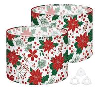 Fabric Drum Lamp Shade Festive Floral Design Features red Poinsettias Holly Leaves Vintage Funky Medium Linen Decorative Lampshades 13inch Set of 2 for Table Lamps, Floor Lamps,Ceiling Lamp