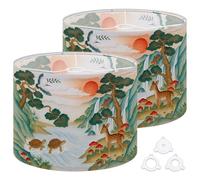 Fabric Drum Lamp Shade Japanese Serene Landscape Turtles Deer Crane Under Red Vintage Funky Medium Linen Decorative Lampshades 13inch Set of 2 for Table Lamps, Floor Lamps,Ceiling Lamp