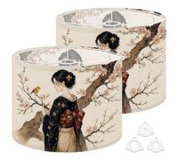 Fabric Drum Lamp Shade Japanese Woman Kimono Cherry Blossom Yellow Bird Vintage Funky Medium Linen Decorative Lampshades 13inch Set of 2 for Table Lamps, Floor Lamps,Ceiling Lamp