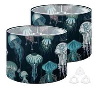 Fabric Drum Lamp Shade Seamless Ocean Life Organisms Jellyfish Vintage Funky Medium Linen Decorative Lampshades 13inch Set of 2 for Table Lamps, Floor Lamps,Ceiling Lamp