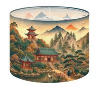 Fabric Drum Lamp Shade Serene Japanese Landscape Pagodas Mountain Views Vintage Funky Medium Linen Decorative Lampshades 13inch Set of 1 for Table Lamps, Floor Lamps,Ceiling Lamp