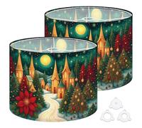 Fabric Drum Lamp Shade Snowy Christmas Village Lit Houses Vintage Funky Medium Linen Decorative Lampshades 13inch Set of 2 for Table Lamps, Floor Lamps,Ceiling Lamp