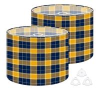 Fabric Drum Lamp Shade Yellow Navy Plaid Geometric Lines Vintage Funky Medium Linen Decorative Lampshades 13inch Set of 2 for Table Lamps, Floor Lamps,Ceiling Lamp