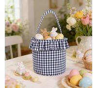 Fabric Easter Egg Hunt Basket, Classic Gingham Check Plaid Bag with Ruffle Trim, Reusable Spring Party Favour Bucket and Candy Gift Tote with Handle (Black)