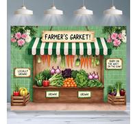 Fabric Farmers Market Backdrop Fresh Food Vegetables Photography Green Brick Supermarket Background Fruit Theme Baby Shower Kids Birthday Party Decorations Photo Studio Props (A, 7X5FT)
