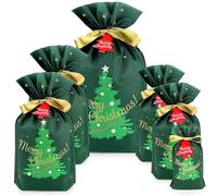 Fabric Gift Bags for Christmas Presents - 6 Pcs Christmas Bags with Drawstring, Large Christmas Gift Bags for Presents, Christmas Gift Wrap Reusable Christmas Bags for Gifts (Green Xmas Tree Assorted)