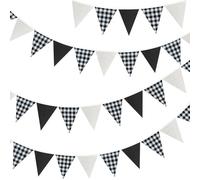 Fabric Gingham Bunting Banner: 36PCS Large Outdoor Triangle Flags, 10m Black and White Vintage Bunting Banner for Birthday, Wedding, Graduation Ceremony, Garden Party Decoration