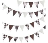 Fabric Gingham Bunting Banner: 36PCS Large Outdoor Triangle Flags, 10m Brown and White Vintage Bunting Banner for Birthday, Wedding, Graduation Ceremony, Garden Party Decoration