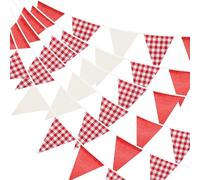 Fabric Gingham Bunting Banner: 36PCS Large Outdoor Triangle Flags, 10m Red and White Vintage Bunting Banner for Birthday, Picnic, Graduation Ceremony, Garden Party Decoration