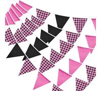 Fabric Gingham Bunting Banner: 36PCS Large Outdoor Triangle Flags, 10m Rose Pink and Black Vintage Bunting Banner for Birthday, Tea Party, Minnie Theme Party, Wedding, Garden Decoration