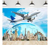 Fabric Global Travel Backdrop Airplane Map Travel Themed Birthday Party Decorations Adventure World Famous Landmark Photography Background Classroom Graduation Going Away Decor Banner (5x3ft)