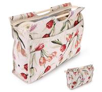 Fabric Knitting Needles Bag, Wood Handle Fabric Storage Bag,Foldable Traveling Woven Sewing Crochet Organizer Exquisite Yarn Fabric Bag with Convenient Zipper for Sewing Tools,42x30x11cm(Red Flower)