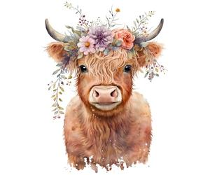 Fabric Panel Spring Highland Cow 100% Cotton 8"x8" Quilting Panel Square AM134