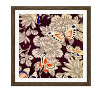 Fabric Pattern Design Butterflies Flowers Square Wooden Framed Wall Art Print Picture 16X16 Inch