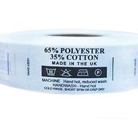 Fabric Printed Wash Care Labels 65% Polyester 35% Cotton, 50 Degree, 1 Bar, DO NOT Bleach, 2 Dots Iron, Tumble Dry, 25mmW x 61mmL, Roll of 1000