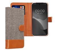kwmobile Wallet Case Compatible with Google Pixel 9a - Case Fabric and Faux Leather Phone Flip Cover - Light Grey/Brown