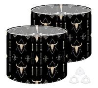 Fabric Round Drum Lamp Shade Boho Seamless Bull Skull Horns Ethnic Vintage Medium Linen Decorative Assembly Replacement Lampshades 13inch Set of 2 for Table Lamps, Floor Lamps,Ceiling Lamp