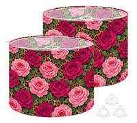 Fabric Round Drum Lamp Shade Bold Pink Red Roses Leopard Print Floral Medium Linen Decorative Assembly Replacement Lampshades 13inch Set of 2 for Table Lamps, Floor Lamps,Ceiling Lamp