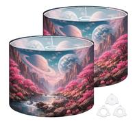Fabric Round Drum Lamp Shade Fantasy Landscape Pink Cherry Trees Rocky Medium Linen Decorative Assembly Replacement Lampshades 13inch Set of 2 for Table Lamps, Floor Lamps,Ceiling Lamp