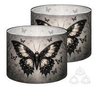 Fabric Round Drum Lamp Shade Gothic Black White Butterfly Skull Motif Medium Linen Decorative Assembly Replacement Lampshades 13inch Set of 2 for Table Lamps, Floor Lamps,Ceiling Lamp