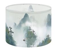 Fabric Round Drum Lamp Shade Green Natural Hand Drawn Chinese Style Vintage Medium Linen Decorative Assembly Replacement Lampshades 13inch Set of 1 for Table Lamps, Floor Lamps,Ceiling Lamp