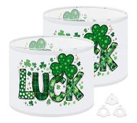 Fabric Round Drum Lamp Shade Luck Typography Green Clover Leaves Vintage Medium Linen Decorative Assembly Replacement Lampshades 13inch Set of 2 for Table Lamps, Floor Lamps,Ceiling Lamp