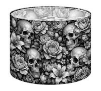 Fabric Round Drum Lamp Shade Monochrome Gothic Skull Flower Roses Lilies Medium Linen Decorative Assembly Replacement Lampshades 13inch Set of 1 for Table Lamps, Floor Lamps,Ceiling Lamp