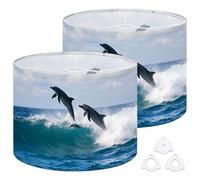Fabric Round Drum Lamp Shade Pair Beautiful Dolphins Jumping Breaking Waves Medium Linen Decorative Assembly Replacement Lampshades 13inch Set of 2 for Table Lamps, Floor Lamps,Ceiling Lamp