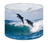 Fabric Round Drum Lamp Shade Pair Beautiful Dolphins Jumping Breaking Waves Medium Linen Decorative Assembly Replacement Lampshades 13inch Set of 1 for Table Lamps, Floor Lamps,Ceiling Lamp