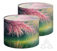 Fabric Round Drum Lamp Shade Pink Cherry Calm Green Water Soft Reflections Vintage Medium Linen Decorative Assembly Replacement Lampshades 13inch Set of 2 for Table Lamps, Floor Lamps,Ceiling Lamp