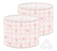 Fabric Round Drum Lamp Shade Pink Tulip Floral Soft Checkered Medium Linen Decorative Assembly Replacement Lampshades 13inch Set of 2 for Table Lamps, Floor Lamps,Ceiling Lamp
