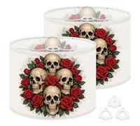 Fabric Round Drum Lamp Shade Skulls Red Roses Gothic Dark Floral Aesthetic Medium Linen Decorative Assembly Replacement Lampshades 13inch Set of 2 for Table Lamps, Floor Lamps,Ceiling Lamp