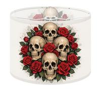 Fabric Round Drum Lamp Shade Skulls Red Roses Gothic Dark Floral Aesthetic Medium Linen Decorative Assembly Replacement Lampshades 13inch Set of 1 for Table Lamps, Floor Lamps,Ceiling Lamp