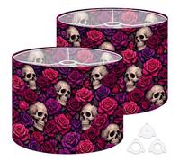 Fabric Round Drum Lamp Shade Skulls Roses Gothic Floral Pink Purple Dark Medium Linen Decorative Assembly Replacement Lampshades 13inch Set of 2 for Table Lamps, Floor Lamps,Ceiling Lamp