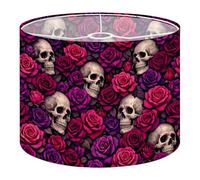 Fabric Round Drum Lamp Shade Skulls Roses Gothic Floral Pink Purple Dark Medium Linen Decorative Assembly Replacement Lampshades 13inch Set of 1 for Table Lamps, Floor Lamps,Ceiling Lamp