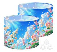 Fabric Round Drum Lamp Shade Soft Pink Flower Field Under Blue Sky Gentle Breeze Medium Linen Decorative Assembly Replacement Lampshades 13inch Set of 2 for Table Lamps, Floor Lamps,Ceiling Lamp