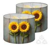 Fabric Round Drum Lamp Shade Sunflowers Pair Rustic Wooden Bright Yellow Medium Linen Decorative Assembly Replacement Lampshades 13inch Set of 2 for Table Lamps, Floor Lamps,Ceiling Lamp