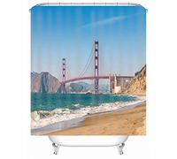 Fabric Shower Curtain Extra Wide, Throom Shower Curtain Beach Polyester Seaside Bridge Mountain Decorative for Thtub 165X180cm Blue