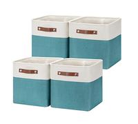 Fabric Storage Cube Bins Baskets for Organizing, 11 inch Cube Storage Baskets, Set of 4, Collapsible Storage Baskets with Handles, Closet Organizers and Storage Home Toy Nursery Bedroom(White Teal)