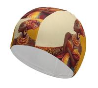 Fabric Swim Cap, Breathable Cloth Swimming Cap for Long Short Curly Hair | Traditional African Girl Painting Swim Hats for Men Women, High Elasticity, Hair Protection Quick Dry Soft Bathing Caps