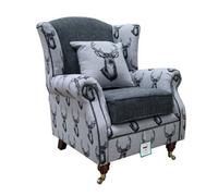 Fabric Wing Chair Fireside High Back Armchair Deer Print Charcoal Grey
