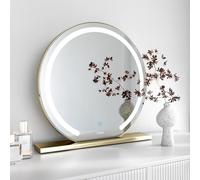 FABS Desktop Vanity Illuminated Makeup Mirror with Touch LED Lights Sensor 3 Colour Settings Dimmable Brightness Lighted Ring Semi-circle Dresser Mirror Gold Frame and rectangular stand (Elsie Gold)