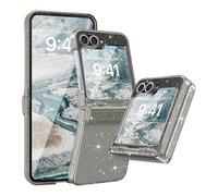 FABSPARK Case for Samsung Galaxy Z Flip 5 Built-in Screen Protector,Hinge Protection,Sparkly Bling Glitter Crystal Clear Transparent Slim Fit Acrylic Hard PC for Samsung Z Flip 5 Case,Glitter Black
