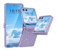FABSPARK Case for Samsung Galaxy Z Flip 5 Built-in Screen Protector,Hinge Protection,Sparkly Bling Glitter Crystal Clear Transparent Slim Fit Acrylic Hard PC for Samsung Z Flip 5 Case,Glitter Purple